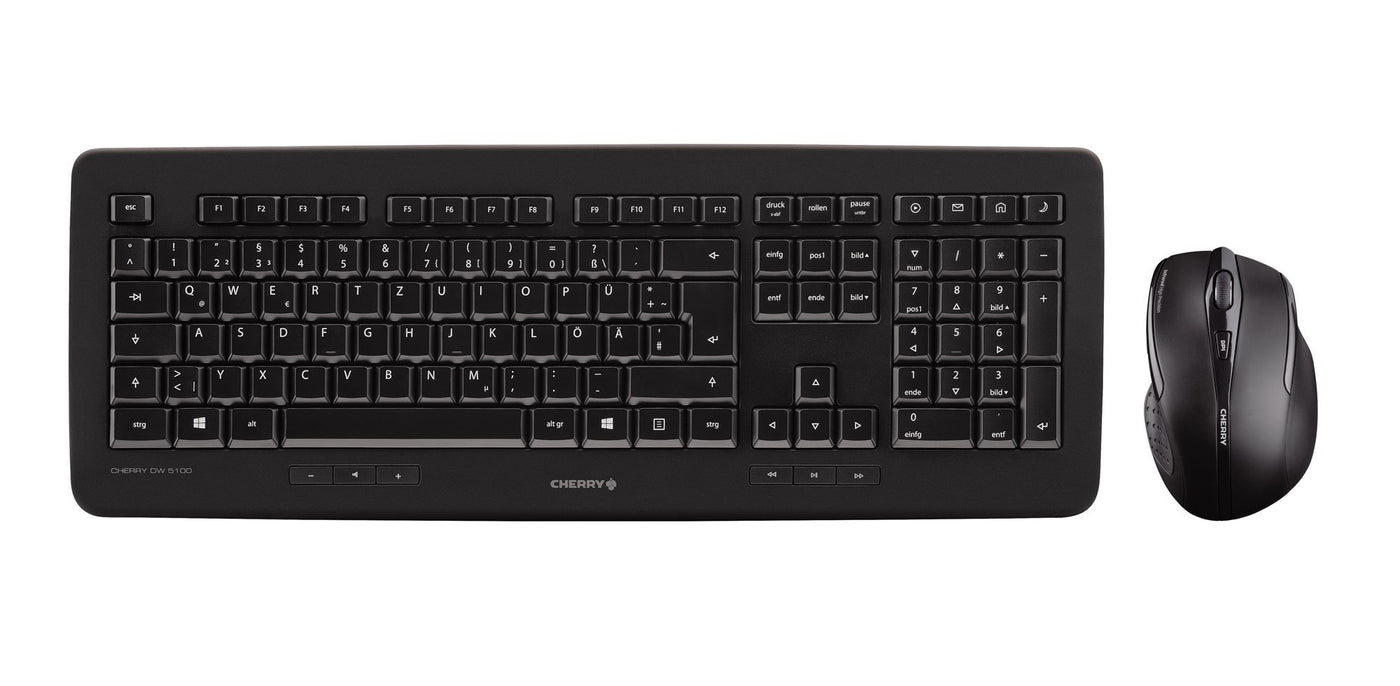 CHERRY DW 5100, Kabelloses Tastatur-Maus-Set, Schweizer Layout (QWERTZ), 2,4 GHz Funk, Plug & Play, Ergonomische Rechtshändermaus, Batteriebetrieben, Schwarz