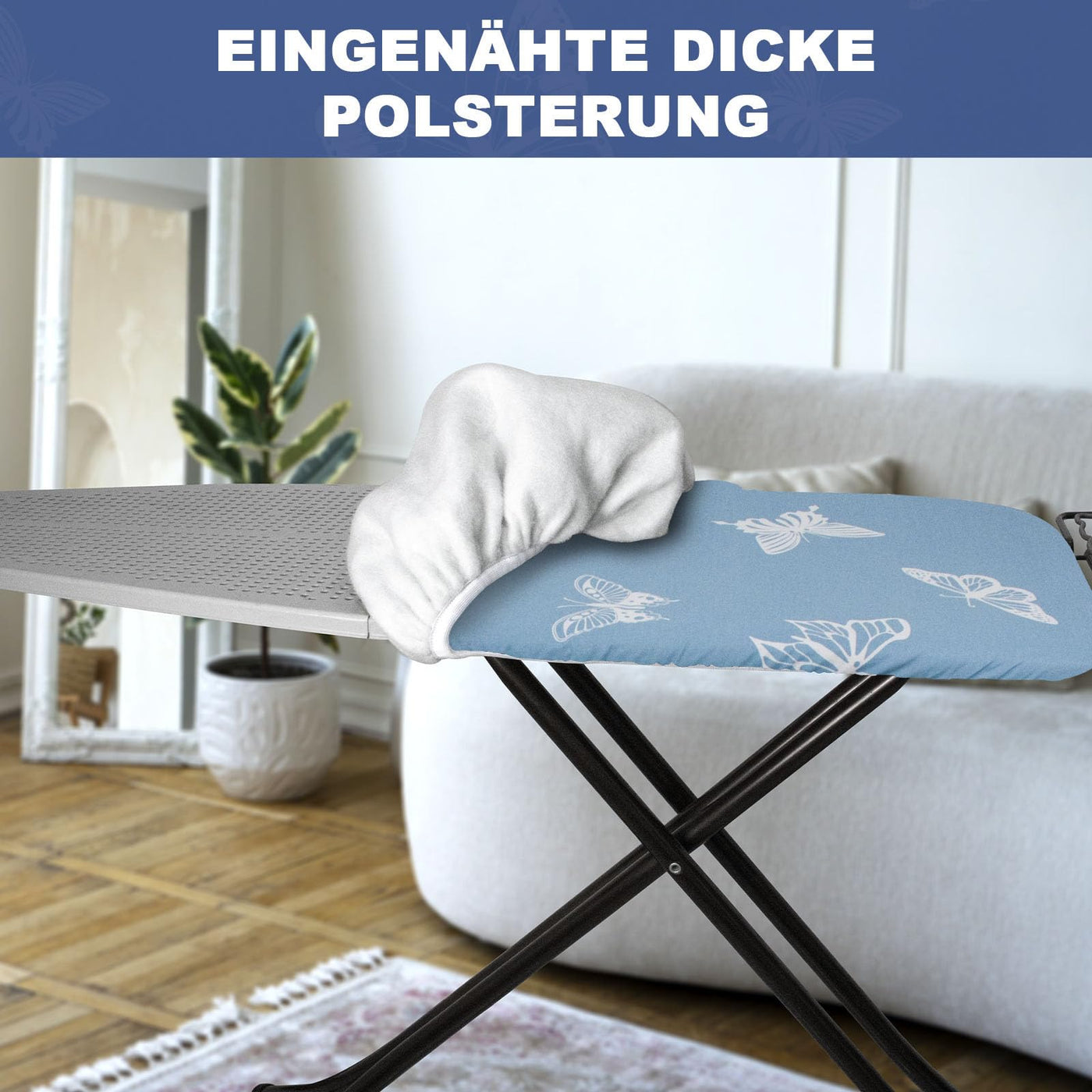 Frilodge Bügeltischbezug mit Dicker Polsterung 120x40, Rundum-Elastikband, Klettverschlüsse, passend für Bügeltische 125x45, ideal für Dampfbügelstationen Ironing Board Cover (Blue (Butterfly)