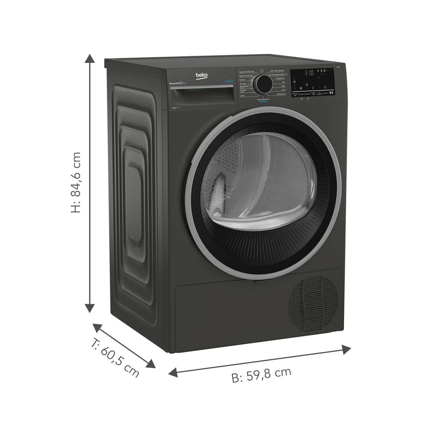 Beko B3T22491M Wäschetrockner Serie b300, 8 kg, Frontlader, Wärmepumpentrockner, 15 Programme, Sensortrocknung, Dampffunktion, Silent-Programm, Allergikergeeignet, Säulenfähig, Manhattan Gray