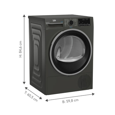 Beko B3T22491M Wäschetrockner Serie b300, 8 kg, Frontlader, Wärmepumpentrockner, 15 Programme, Sensortrocknung, Dampffunktion, Silent-Programm, Allergikergeeignet, Säulenfähig, Manhattan Gray