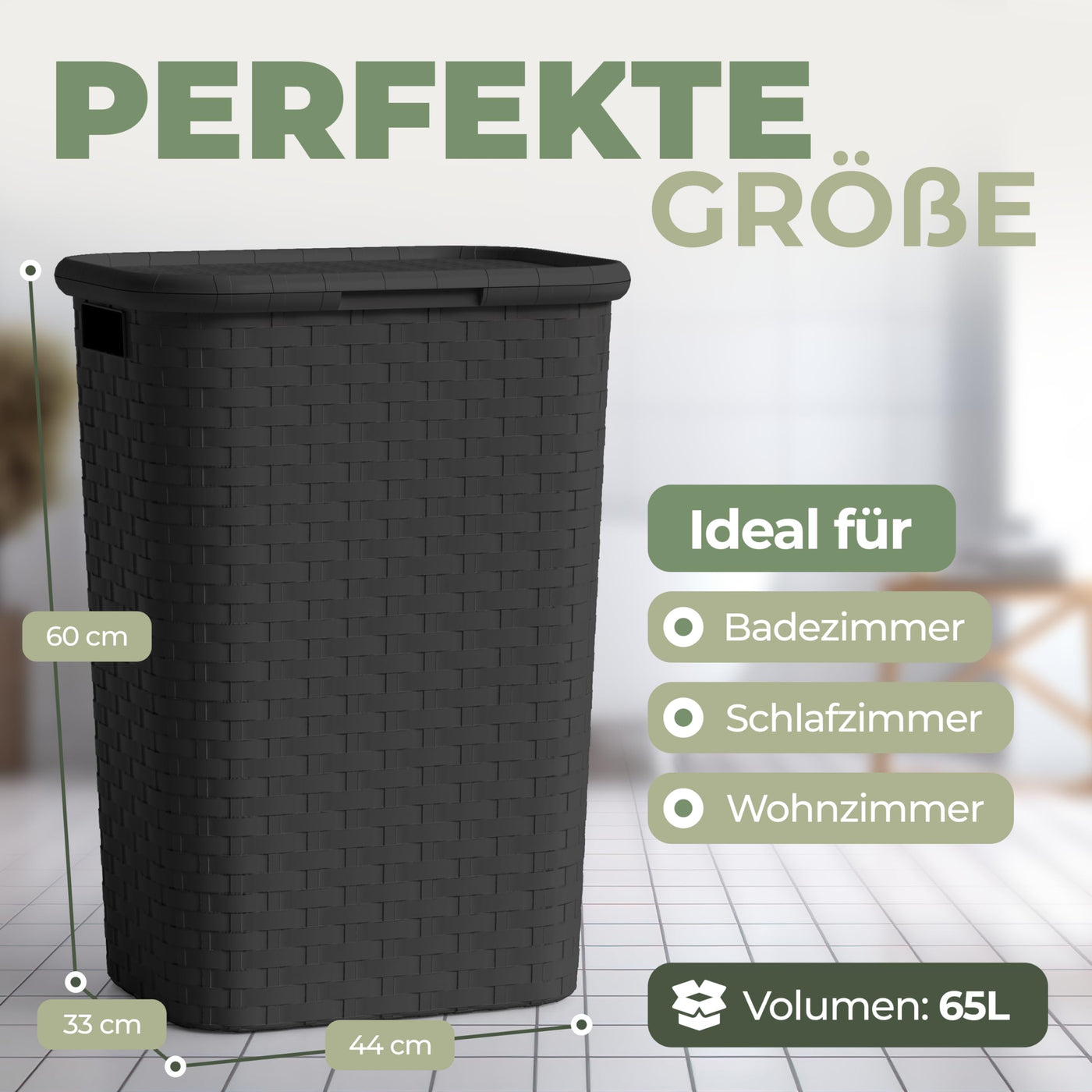 Wäschekorb mit Deckel Rattan - Wäschebox in Flechtoptik 65 L - Wäschesammler Kunststoff mit seitl. Griffen - Platzsparende Wäschesammelbox für Badezimmer & Wohnräume - Wäschetonne anthrazit