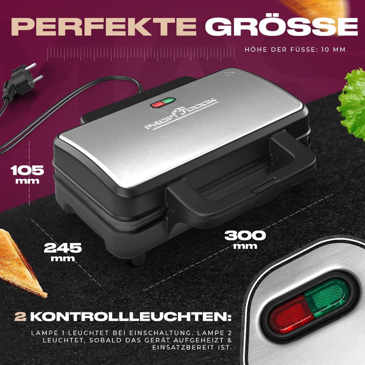 ProfiCook® Sandwichmaker | amerikanische Sandwiches | XXL-Toastscheiben | elektrischer Sandwichtoaster | extra große Sandwich-Platten (antihaftbeschichtet) | Sandwich-Maker mit 900W | PC-ST 1092