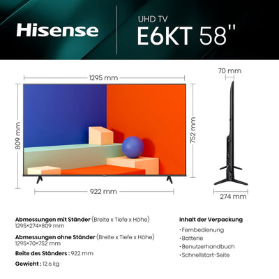 Hisense 58E6KT 146cm (58 Zoll) Fernseher, 4K UHD, Smart TV, HDR, Dolby Vision, Triple Tuner DVB-C/S/ S2/ T/ T2, Frameless, Bluetooth, WiFi, Alexa Built-In, DTS Virtual X, Hotel Mode, Schwarz [2023]