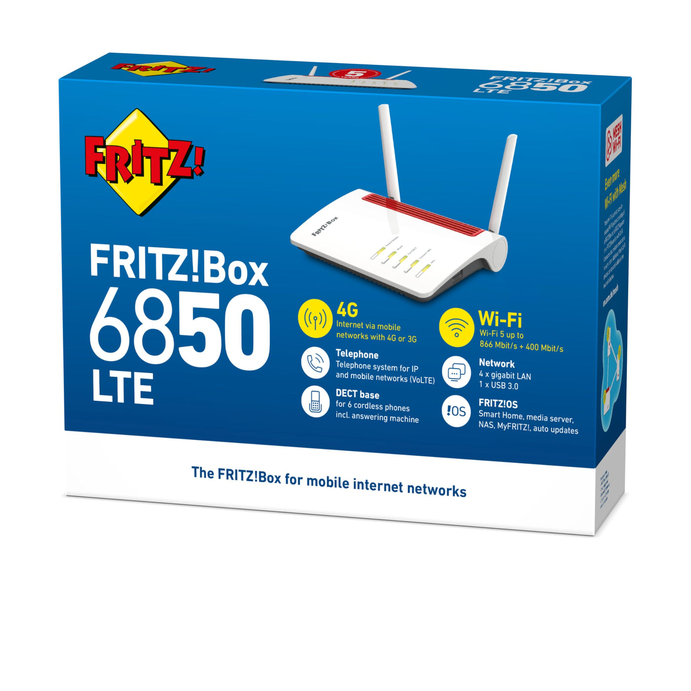 AVM FRITZ!Box 6850 LTE International (LTE-Modem, bis zu 150 MBit/s, WLAN AC+N bis 866 MBit/s (5 GHz) und 400 MBit/s (2,4 GHz), 4 x Gigabit-LAN, 1x USB 3.0), geeignet für Österreich/Schweiz