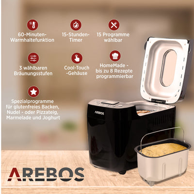 Arebos Brotbackautomat 1500g | mit 15 Programmen | 2 Knethaken | Timer | LCD Display | 3 Bräunungsgrade und Brotgrößen | 850 W | Schwarz