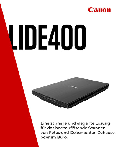 Canon Lide 400 Scanner (A4-Flachbett, CIS Sensor, 4,800 x 4,800 DPI, USB-Stromversorgung, 5 Scan-Buttons, Halter für senkrechte Aufstellung) schwarz