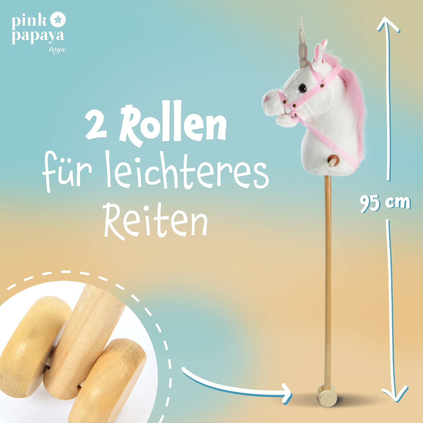 Pink Papaya Steckenpferd Einhorn, Mandy süßes Spielzeug Einhorn aus Plüsch mit Sound Funktion: Gewieher und Galoppgeräusch - Farbe: weiß mit rosa Mähne