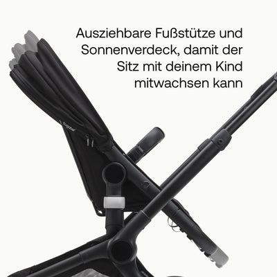 Bugaboo Fox 5, 2-in-1 Kinderwagen für jedes Gelände, mit Liegewanne und ausziehbarem Kleinkindsitz, einfach zu manövrieren und Ein-Hand Faltung, Fahrgestell, Liegewanne und Sonnendach in Schwarz