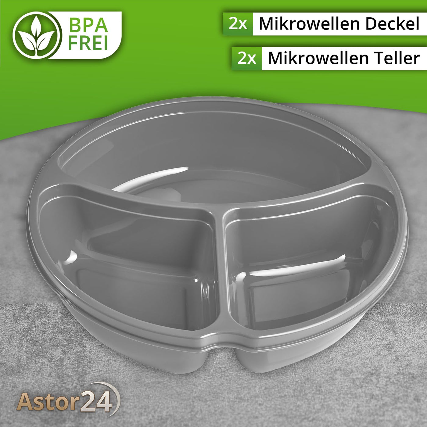 astor24 2er Set Mikrowellen Teller - Hohe Ausführung - Vorrats Dose Aufbewahrung Geschirr zum erhitzen, einfrieren mit 3 Fach Aufteilung Deckel mit Belüftung BPA frei (2er Set Grau)