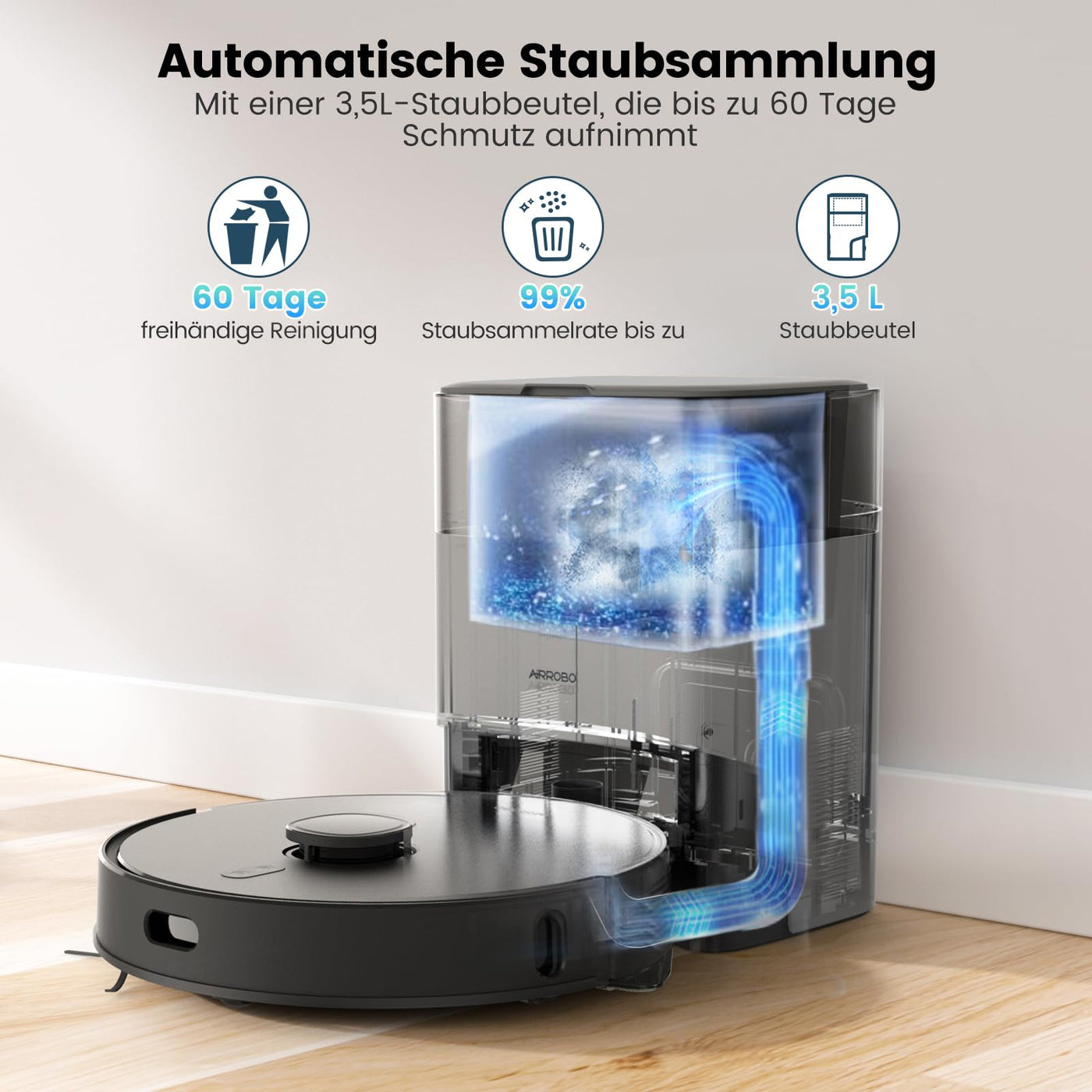 AIRROBO T20+ Saugroboter mit Wischfunktion, 3.5L Staubsauger Roboter mit Absaugstation, 180Min Laufzeit, LiDAR Navigation, Starke Saugkraft ideal für Teppich und Tierhaare, App-Steuerung