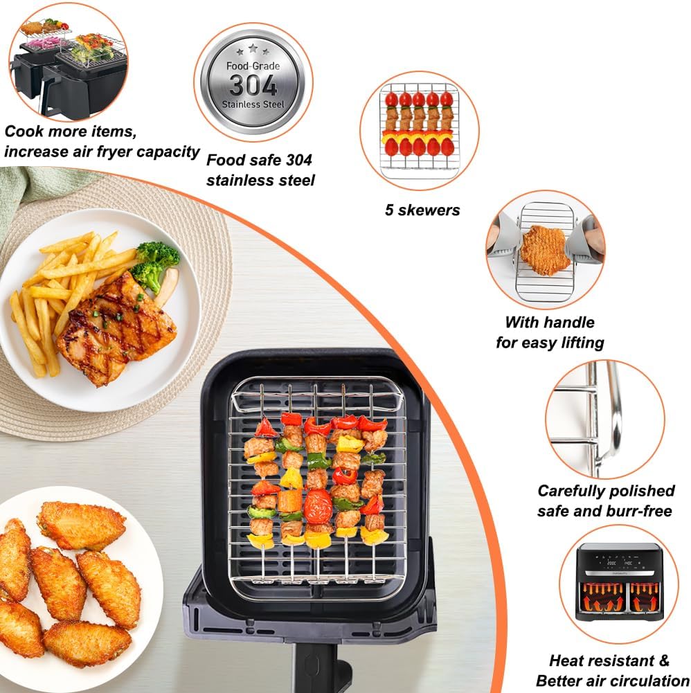 BYKITCHEN Heißluftfritteuse Zubehör für Philips Dual Basket 3000-Serie, 9L/Tefal 5,2/3,1 L Easy Fry, 2 Stück Luftfritteusenständer mit 5 Spießen,Air Fryer Zubehör für Tefal EY9018/Philips NA350/00