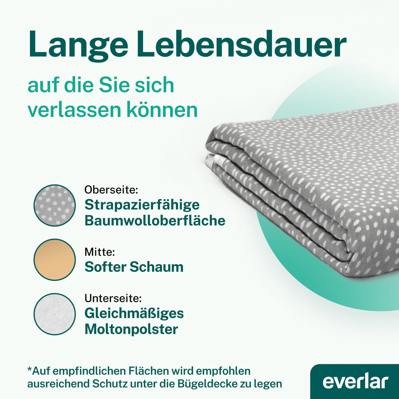 everlar® Bügeldecke I Qualität Made in Germany I Tisch Bügelmatte zum bequemen Bügeln zu Hause & unterwegs I 100 x 65cm I Bügelunterlage I Hitzebeständig I Obermaterial 100% Baumwolle