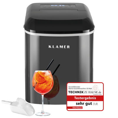 KLAMER Eiswürfelmaschine (2024), 10 Eiswürfel in 7-9 Minuten, 15 kg Eiswürfel pro Tag, 2 Eiswürfelgrößen, 2,1 L Wassertank, 120 W Ice Maker mit Timer, Leiser Eiswürfelbereiter mit Eisschaufel Schwarz