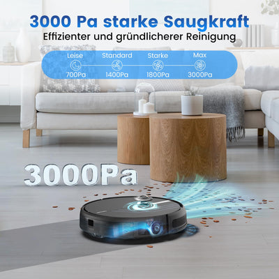 AIRROBO Saugroboter mit Wischfunktion, P30 Staubsauger Roboter mit 3000Pa Saugkraft, 120Min Laufzeit, Kehren Saugen Wischen 3 in 1 Roboterstaubsauger für Tierhaare, Teppich, Hartboden