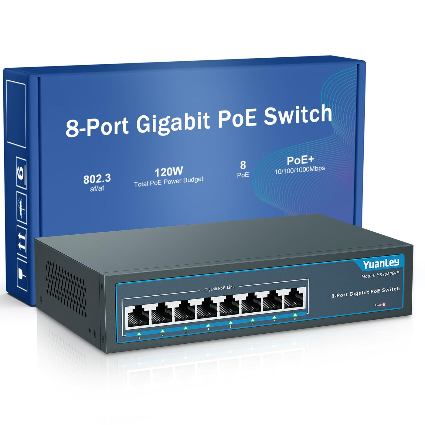 YuanLey 8 Port Gigabit PoE Switch, 8 PoE+ Port 1000Mbps, 120W 802.3af/at, Metal Fanless Unmanaged Plug and Play