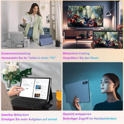 Dghrti Tablet 10 Zoll Android 14, 22GB RAM +128GB ROM/TF 1TB, 8000mAh Akku, UFS 2.1 Flash, 8-Cores CPU, Dual WLAN, BT5.0, 8MP+5MP, Face ID, Widevine L1, Tablet mit Tastatur, Maus, Metallkörper Blau