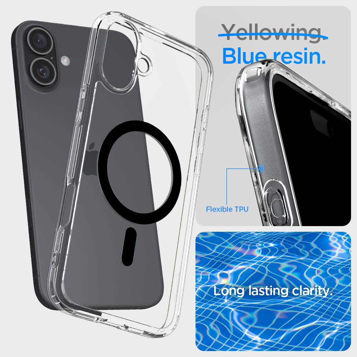 Spigen für iPhone 16 Plus Hülle [Anti-Yellowing] Ultra Hybrid MagFit Case Handyhülle Transparent Dünn Slim Kompatibel mit MagSafe -Schwarz