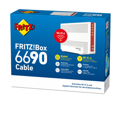 AVM FRITZ!Box 6690 Cable (DOCSIS 3.1-Kabel-Modem, 4x4 Wi-Fi 6 (WLAN AX) mit 4.800 MBit/s (5 GHz) + 1.200 MBit/s (2,4 GHz), 1x 2,5-Gigabit-LAN-Anschluss, USB 3.0, DECT)