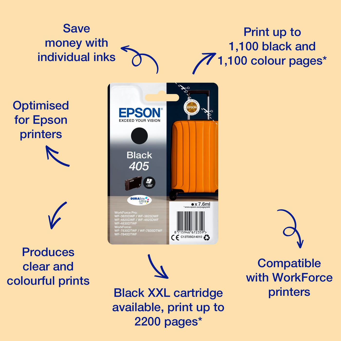 Epson Orginal 405 Tinte Koffer Singlepack schwarz Standard WF-3820DWF WF-3825DWF WF-4820DWF WF-4825DWF WF-4830DTWF WF-7830DTWF WF-7835DTWF WF-7840DTWF DURABrite Ultra Ink, ReadyPrint Flex-Tintentarife