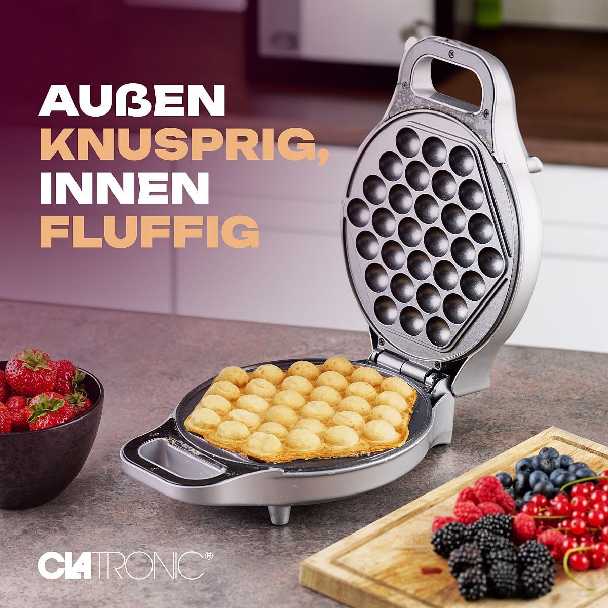 Clatronic® Waffeleisen für trendige Bubble-Waffeln | Bubble Waffeleisen mit 180° Rotationsfunktion für gleichmäßige Backergebnisse | Waffle Maker mit antihaftbeschichteter Backfläche | 700W | WA 3772