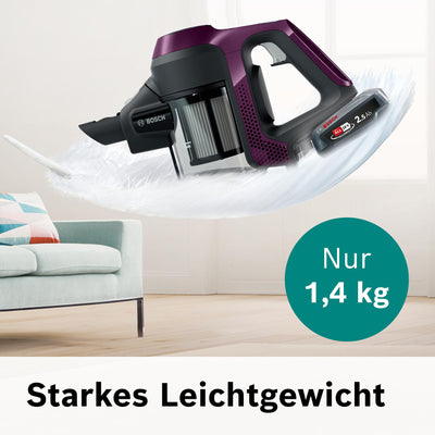 Bosch Akku-Staubsauger Unlimited Serie 6 BCS6111P, kabelloser Handstaubsauger, beutellos, leicht, Hygiene-Filter, hohe Saugleistung, Lange Laufzeit, Fugendüse, alle Bodenarten, lila