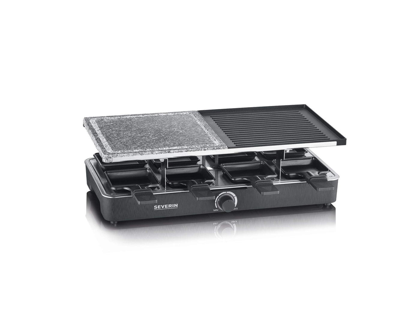 SEVERIN Raclette-Grill mit Naturgrillstein und Grillplatte, Raclette mit antihaftbeschichteter Grillplatte und 8 Pfännchen, Tischgrill für 8 Personen, max. 1300 W, schwarz, RG 2371