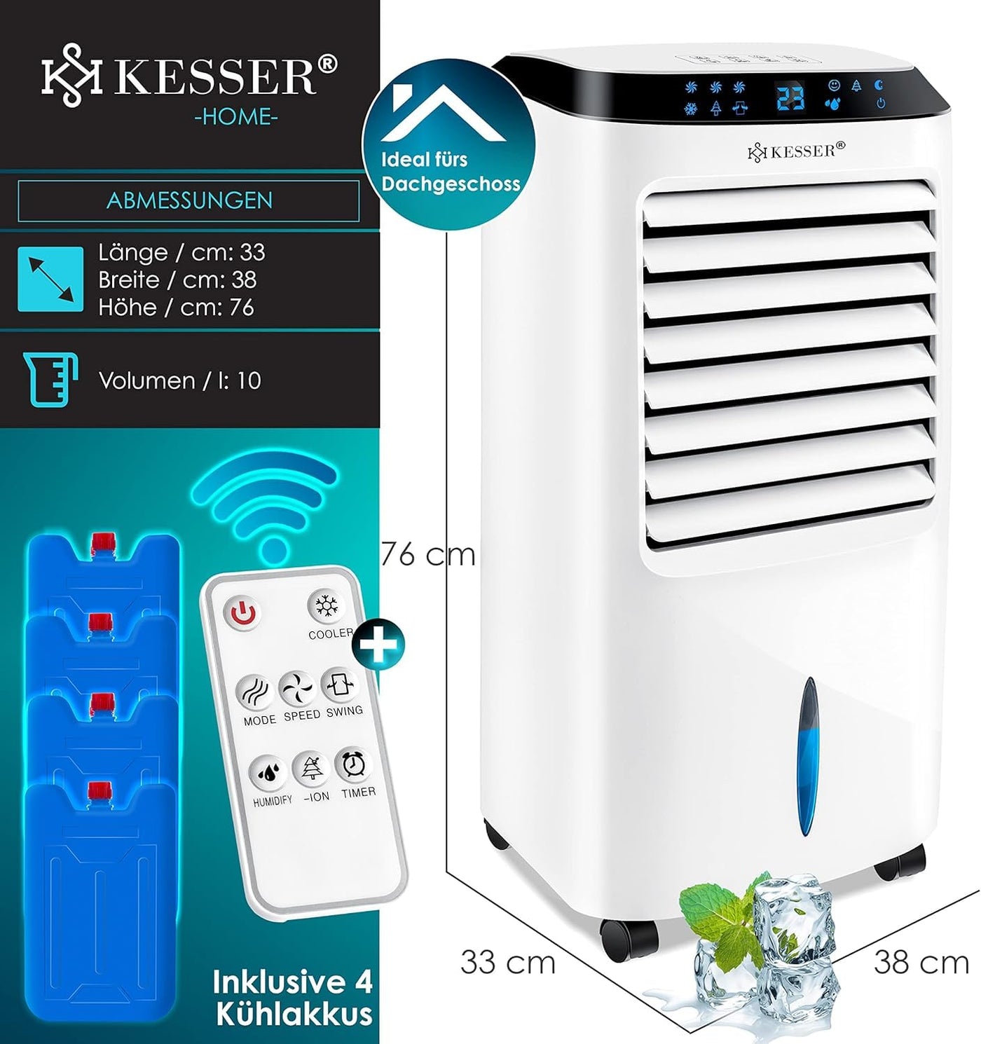 KESSER® 4in1 Mobile Klimaanlage | Fernbedienung | Klimagerät | Ventilator Klimaanlage | Timer | 3 Stufen | Ionisator Luftbefeuchter | Luftkühler |