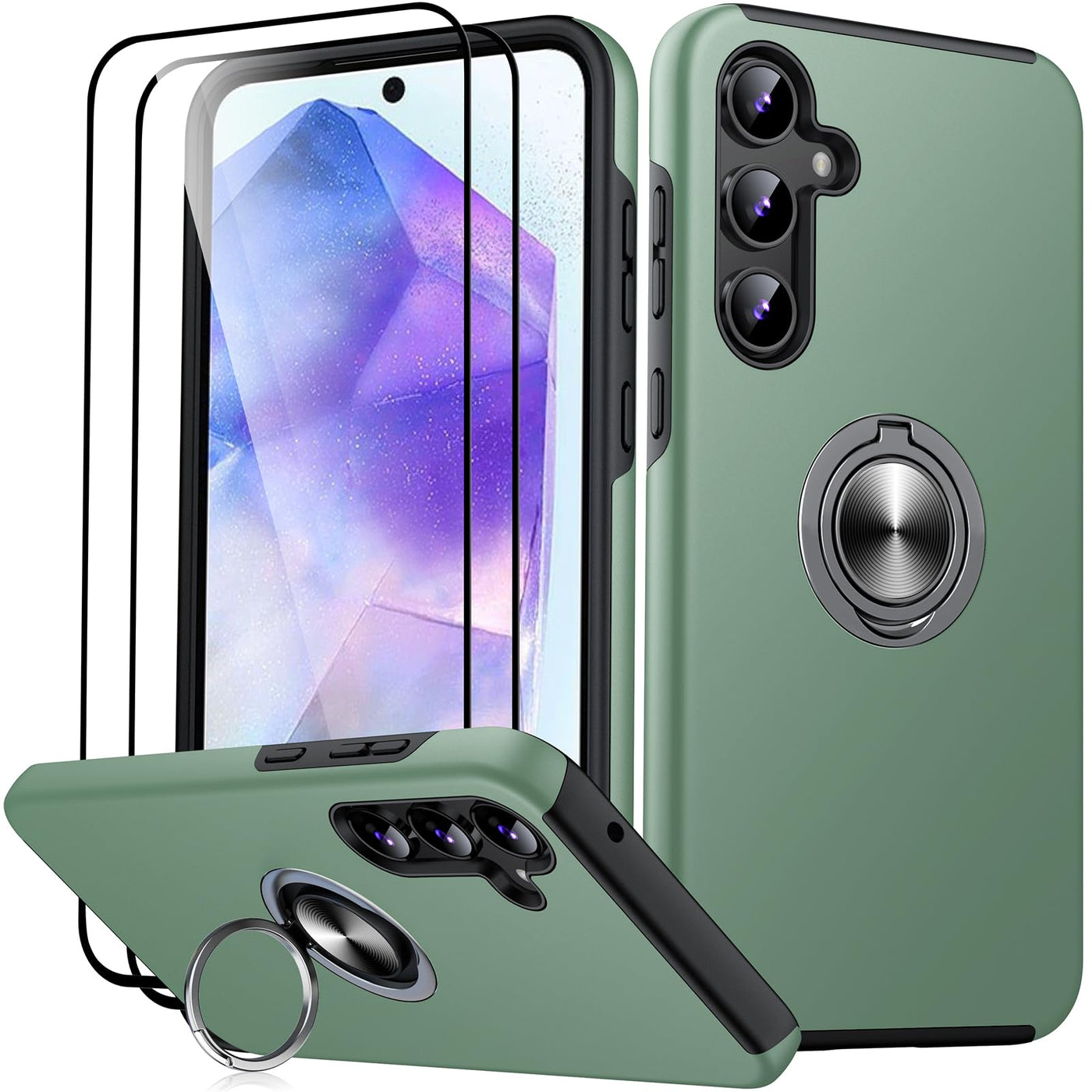 JAME für Samsung Galaxy A55 5G Hülle mit 2 Stück Panzerglas,Militärschutz Stoßfester Schutz Samsung A55 5G Hülle mit 360°Magnetischer Ring Kickstand Handyhülle für Samsung A55 5G,Alpengrün