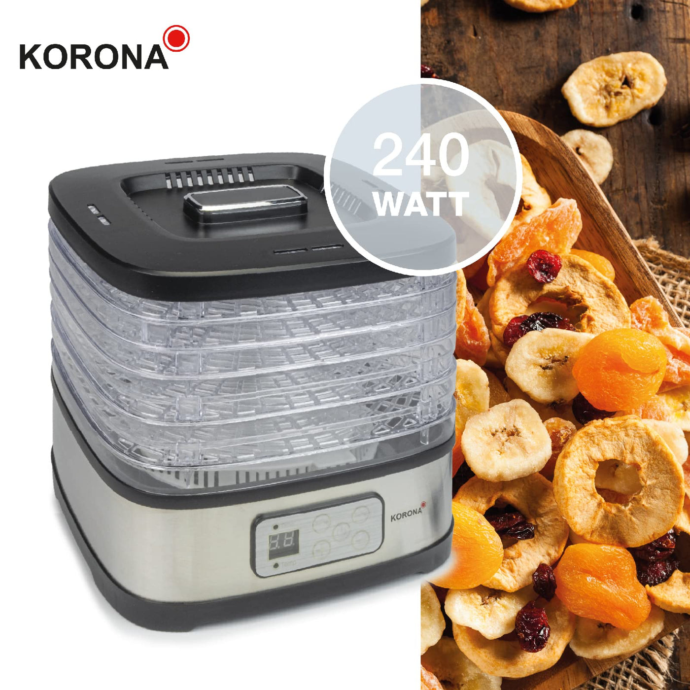 Korona 57011 Dörrautomat mit Müsliriegelform | 5 Ebenen | Trocknet Früchte, Fleisch, Fisch, Kräuter | Timer 8-72 Std. | Silikonform für Müsliriegel | BPA-frei | LED-Display