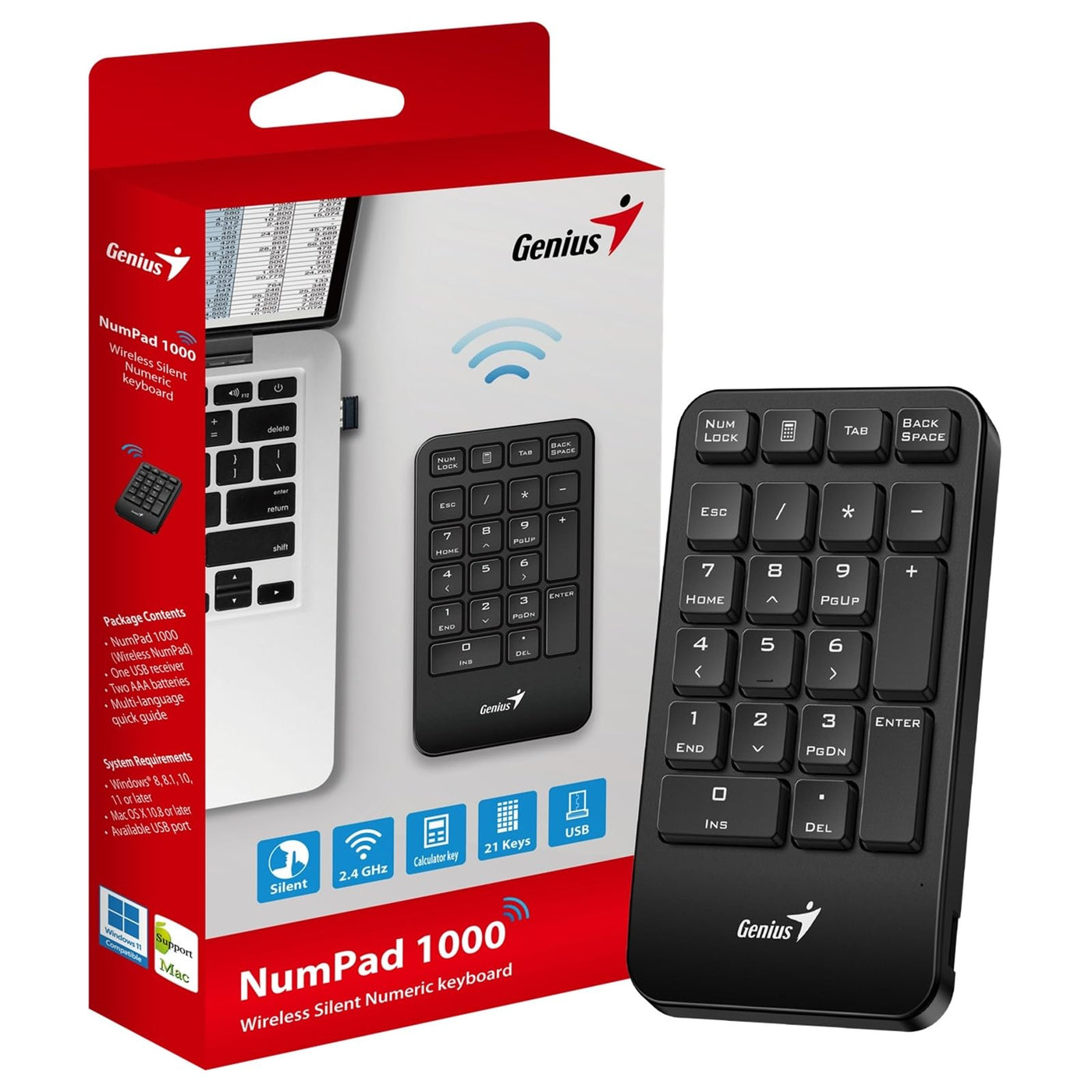 Genius NumPad 1000, Kabellose Leise Nummernblock Zahlentastatur, 2,4 GHz, USB-Empfänger, Plug-and-Play, Schlankes und Praktisches Design