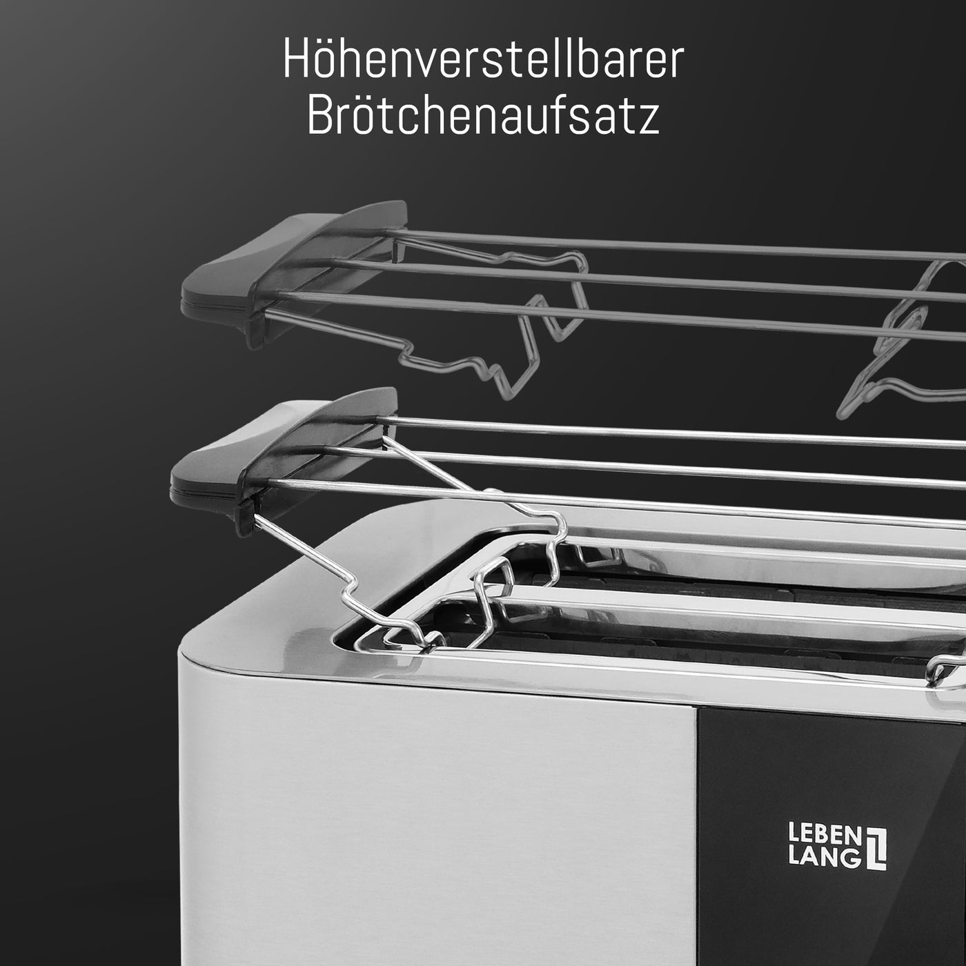 LEBENLANG Langschlitz Toaster 4 Scheiben mit Brötchenaufsatz - Touchscreen LED Display & 7 Stufen I 1400W 4er Langschlitztoaster Edelstahl Gebürstet I Smart Touch Toster für große Toastscheiben xxl