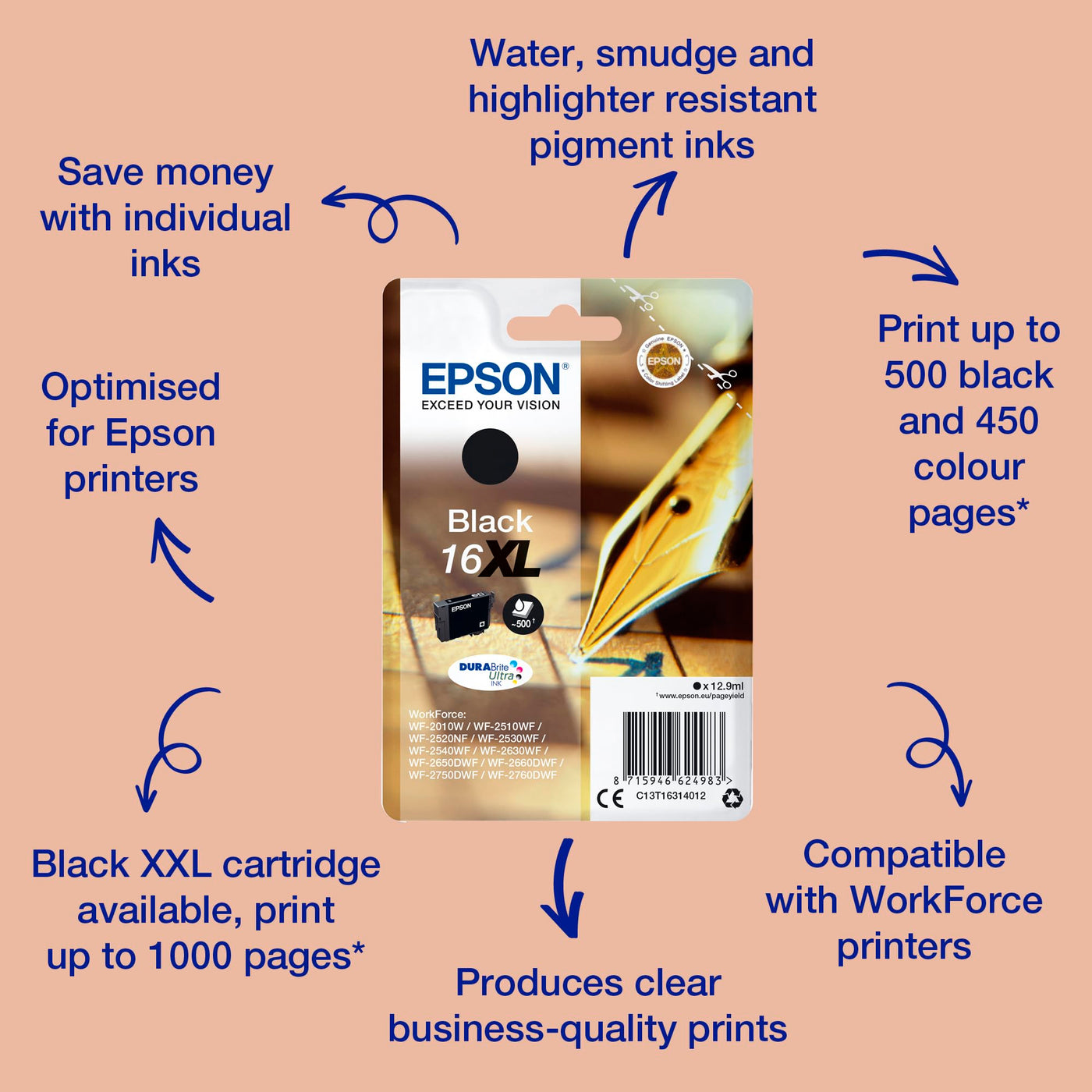 Epson 235M182 Original 16XL Tinte Füller (WF-2630WF, WF-2650DWF, WF-2660DWF, WF-2750DWF, WF-2760DWF), schwarz