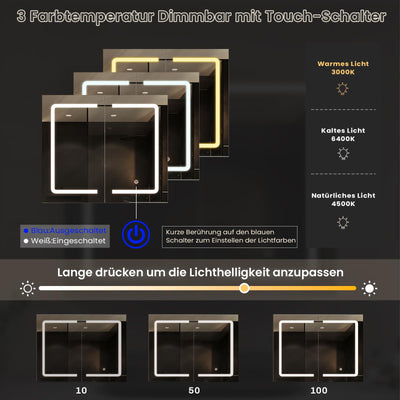 DICTAC Badezimmer spiegelschrank mit Beleuchtung 80x16x60cm Spiegelschrank Bad mit LED und Steckdose 80 cm Breit Doppeltür Badschrank mit Spiegel und Ablage,Hängeschrank,Berührung Sensorschalter,Weiß