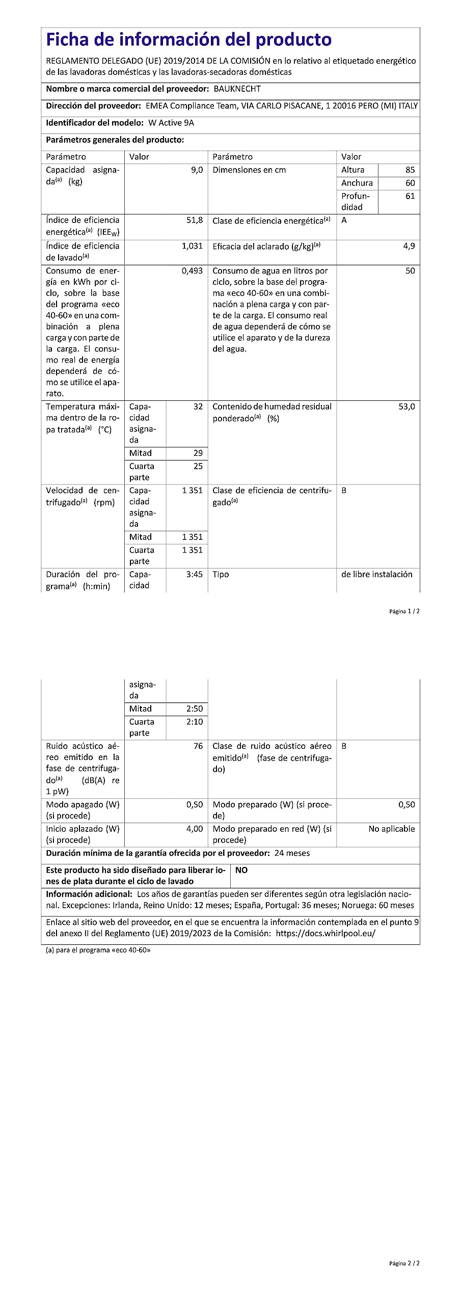 Bauknecht W Active 9A Waschmaschine Frontlader / 9kg / EEK A/Active Care - kraftvolle Fleckentfernung/Dampf Programme/Steam Hygiene Option/Wolle-Programm/Stopp&Add Funktion, Weiß