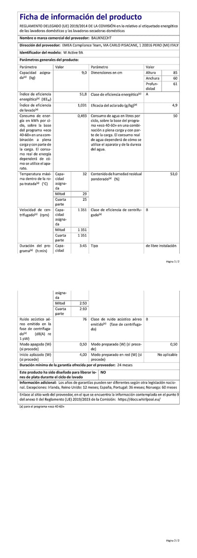 Bauknecht W Active 9A Waschmaschine Frontlader / 9kg / EEK A/Active Care - kraftvolle Fleckentfernung/Dampf Programme/Steam Hygiene Option/Wolle-Programm/Stopp&Add Funktion, Weiß