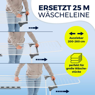 EASYmaxx Falt-Wäscheständer 2500 mit 25m Trockenlänge | XXL Wäscheständer Teleskop - ausziehbar bis 260cm | mit Rollen | Bettlaken & Handtücher stromlos drinnen und draußen trocknen