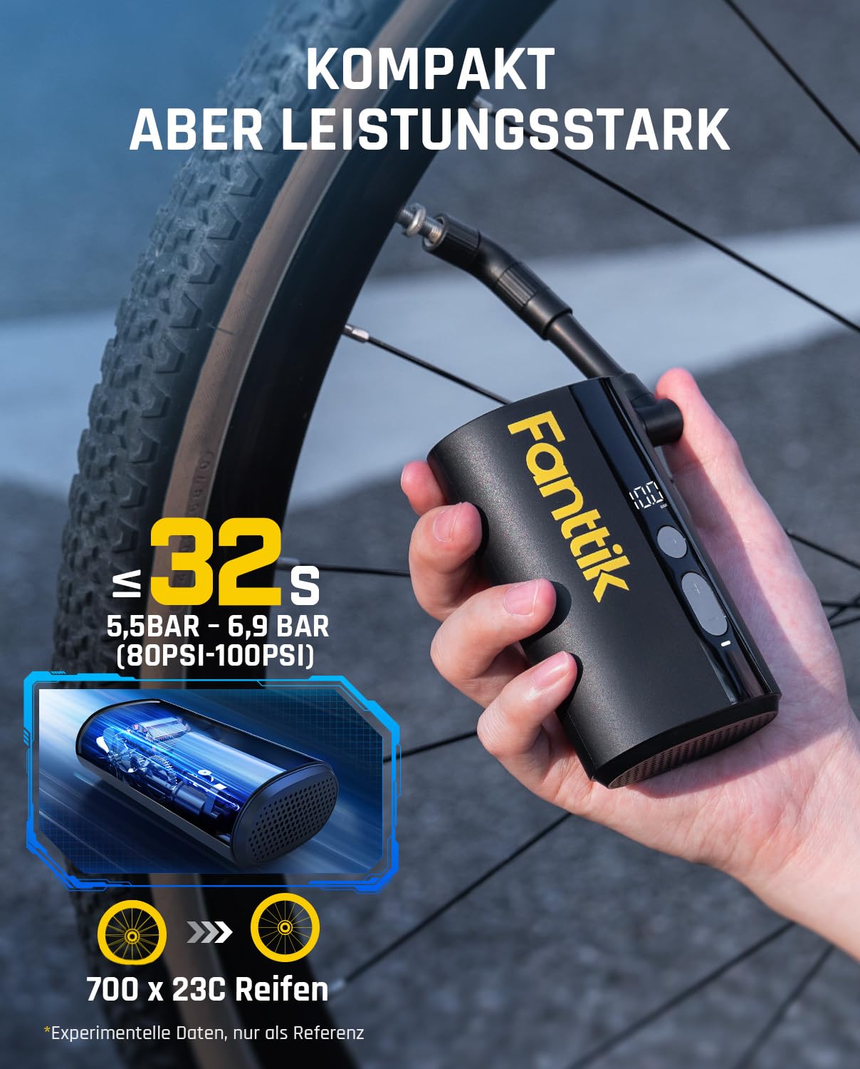 Fanttik X9 Ace Mini Fahrradpumpe, Akku Kompressor, 32s Schnellaufblasbare Elektrische Fahrradpumpe, 150 PSI Luftpumpe mit Presta- und Schrader-Ventil, für Rennrad, Mountainbike, E-Bike, Stadtrad