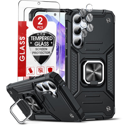 LeYi Handyhülle für Samsung Galaxy A55 5G Hülle 2 Stück Schutzfolie & 2*Kamera Folie, Rugged Militärischer Ständer Schutzhülle 360° Metall Ring Halter Stoßfest Hardcase A 55 Cover Case Schwarz