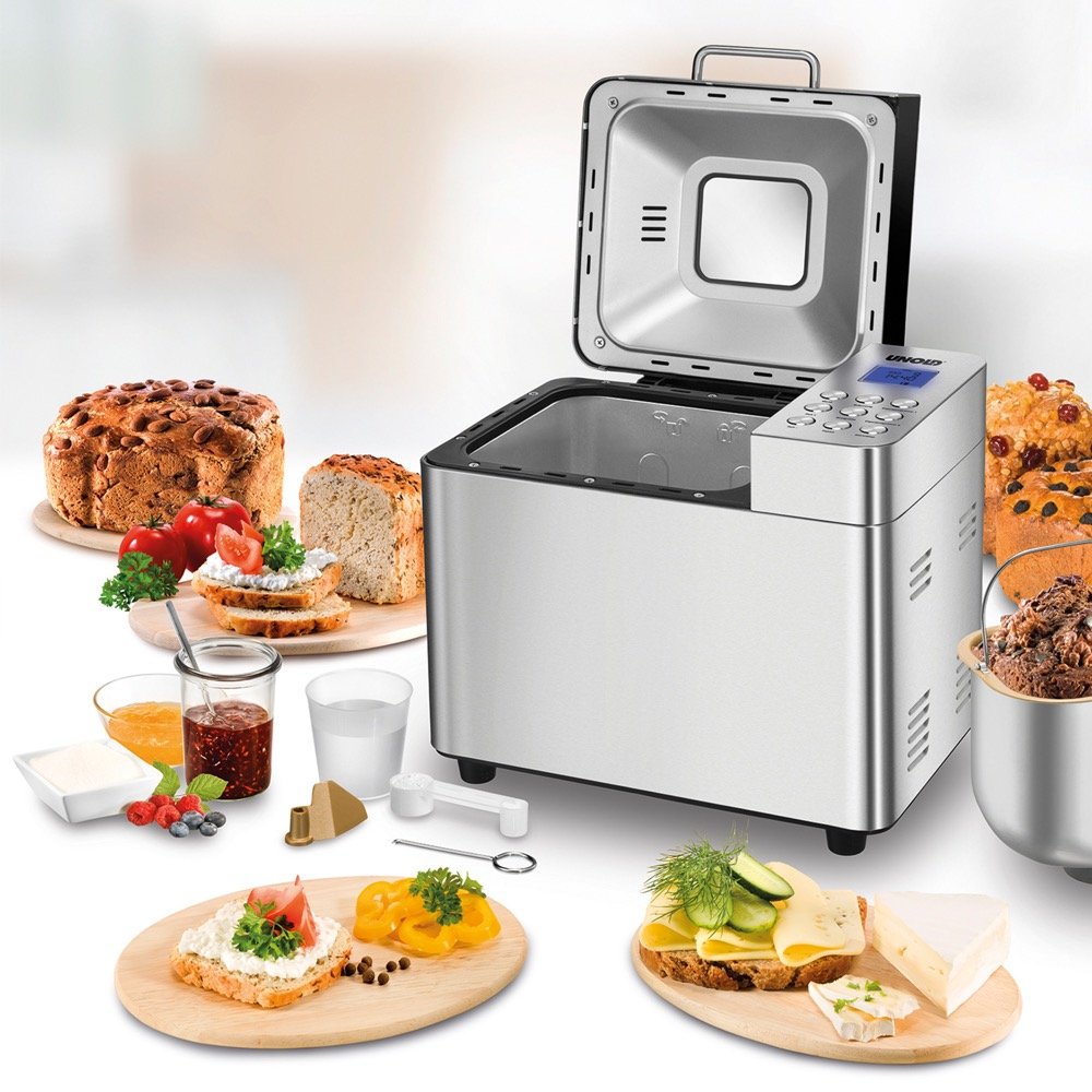 Unold 68456 Backmeister Edel - Brotbackautomat, Silber, 550 W, 750-1000 g Brotgewicht, Keramik-Beschichtung,16 gespeicherte Programme, auch für Marmelade/Konfitüre/Nudelteig, LCD-Display, Edelstahl