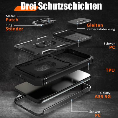 Giyer für Samsung Galaxy A35 5G Hülle mit Schutzfolie, Handyhülle A35 5G Tache mit Kameraschutz 360° Metall Ring Ständer Stoßfest Bumper Schutzhülle Samsung A35 Case Cover (Schwarz)