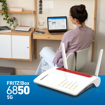 AVM FRITZ!Box 6850 5G (Mobilfunk-Internet bis zu 1.300 MBit/s, WLAN AC+N bis 866 MBit/s (5 GHz) & 400 MBit/s (2,4 GHz), 4 x Gigabit-LAN, DECT-Basis, USB 3.0, geeignet für Deutschland)