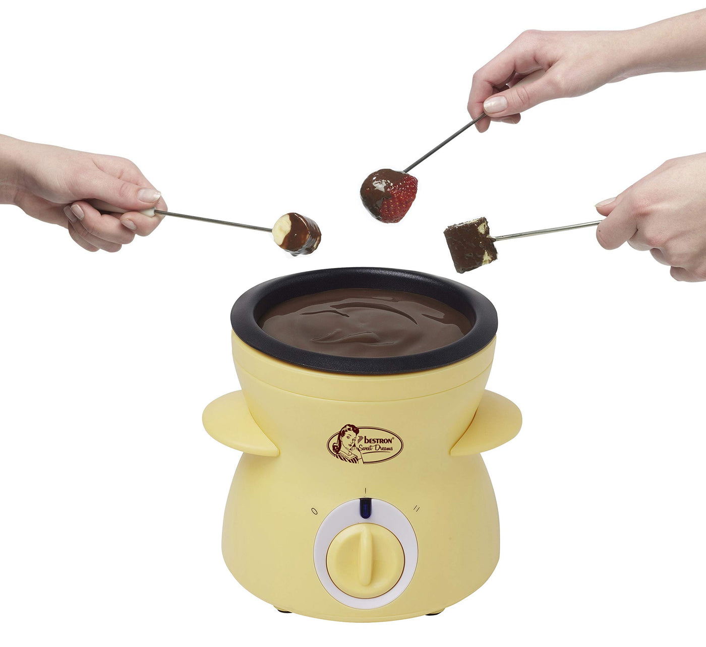 Bestron Schokoladen-Fondue für 2 Personen, Mini-Schokofondue-Set, inkl. 10xSpieße, 10xGabeln und 1xSpatel, 25Watt, Gelb