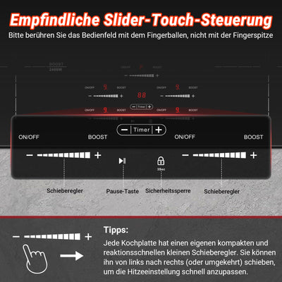 AMZCHEF Induktionskochfeld 80cm, Einbau Induktionskochplatte 5 Zonen mit Booster und 9 Stufen, Pausenfunktion, Warmhalten, Slider-Steuerung, Timer, Sicherheitsschloss, 9500W