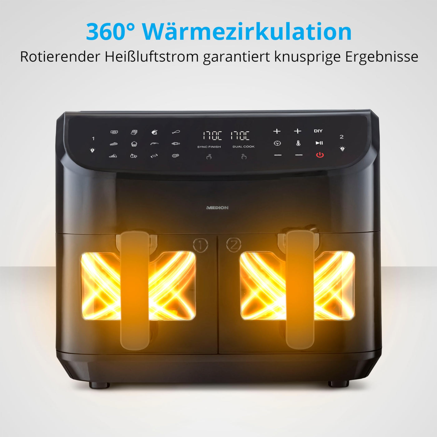 MEDION P20 XXL Heißluftfritteuse mit 2 Kammern (8,7 Liter, 2.600 Watt, Doppelkammer, 9 Automatikprogramme, 2 Schubladen, Sichtfenster, Dualer Airfryer, Dual Cook & Sync-Finish Funktion)