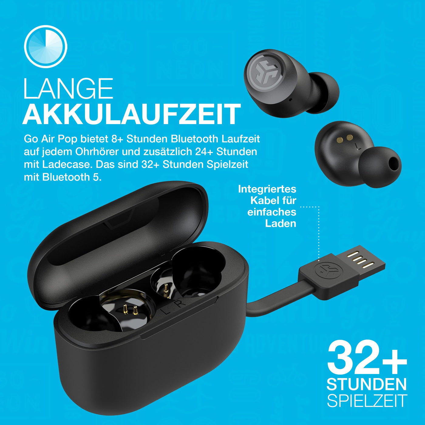 JLab Go Air Pop In Ear Kopfhörer kabellos Bluetooth, True Wireless Kopfhörer, 32+ Std Headphones, kabellose Ohrhörer, Earbuds mit Mikrofon, USB Ladebox, Dual Connect, EQ3 Sound, Schwarz