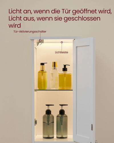 VASAGLE Badezimmerschrank mit Beleuchtung, hoch, schlanker Badschrank, Aufbewahrungsschrank mit verstellbaren Ablagen, offene Fächer, für kleine Räume, modern, wolkenweiß BBC566W03