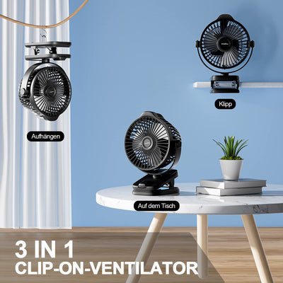 8000mAh Mini USB Clip Ventilator Akku, 13cm Klein Tischventilator mit Fernbedienung, 5-Gang, LED-Anzeige, 360° Rotation, Aufladbar Batterie Portable Table Fan für Zuhause Büro Camping Kinderwagen