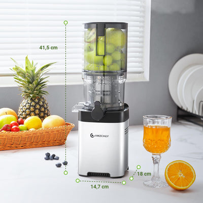 AMZCHEF Entsafter mit zwei Schnecken für automatische Zuführung und Mastikation für freie Hände - Slow Juicer mit 126MM Öffnung und 2 Liter Kapazität für ganze Gemüse und Obst - Silber