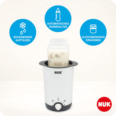 NUK Thermo 3in1 Babyflaschenwärmer | schonendes Auftauen, Erwärmen und Warmhalten von flüssiger und breiförmiger Nahrung | Korb zum einfachen Herausnehmen | EU-Stecker