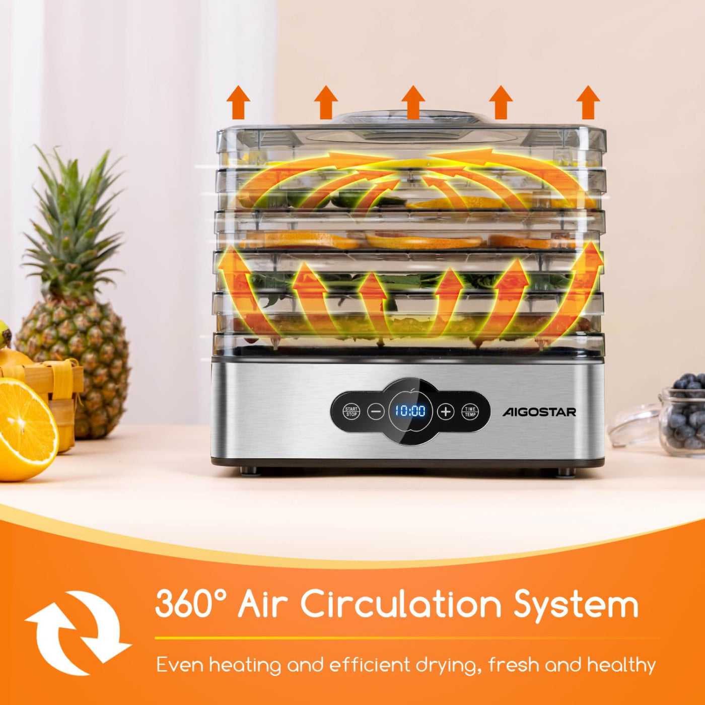 Aigostar Crispy - Dörrautomat, Dörrgerät mit Temperaturregler, 240W, 35-70°C, 99h-Timer, 5 Einlegefächer, Dörrautomat Edelstahl für Fleisch, Obst, Gemüse, Dehydrator - BPA frei